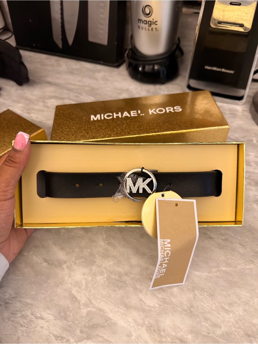 Michael Kors Black Leather Men’s Belt with Silver MK Circle Buckle